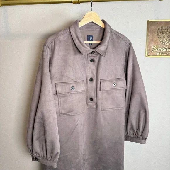 GAP Womens Faux Suede Utility Shirt Dress Mauve Brown XXL Puff Sleeve Mini - Picture 4 of 10
